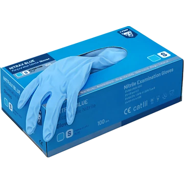 Védőkesztyű egyszerhasználatos púdermentes nitril TOP NITRAX 100db/doboz, kék, L