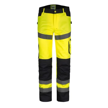 Munkanadrág derekas jólláthatósági, 65% poliészter, 35% pamut, fényvisszaverő csíkok,multifunkciós zsebek,fluosárga, 2XL