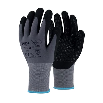 Kesztyű nylon, homokszemcsés nitrilhabba mártott, tenyér pontozással TOP SNS-D, fekete/szürke, 10