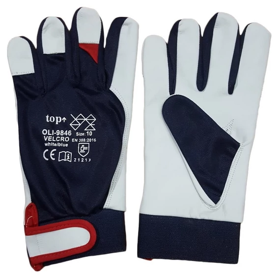 Védőkesztyű báránybőr pamut kézhát TOP LACOV, sötétkék/fehér/piros, 10
