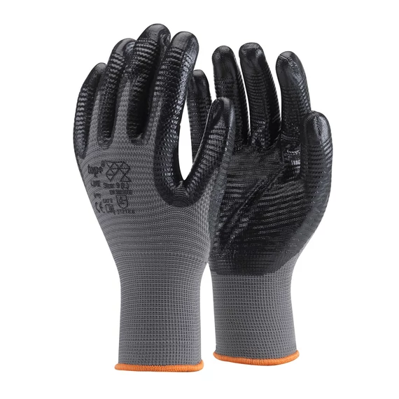 TOP LINE nitril mártott fekete kesztyű, poliészter alapú, szellőző kézháttal