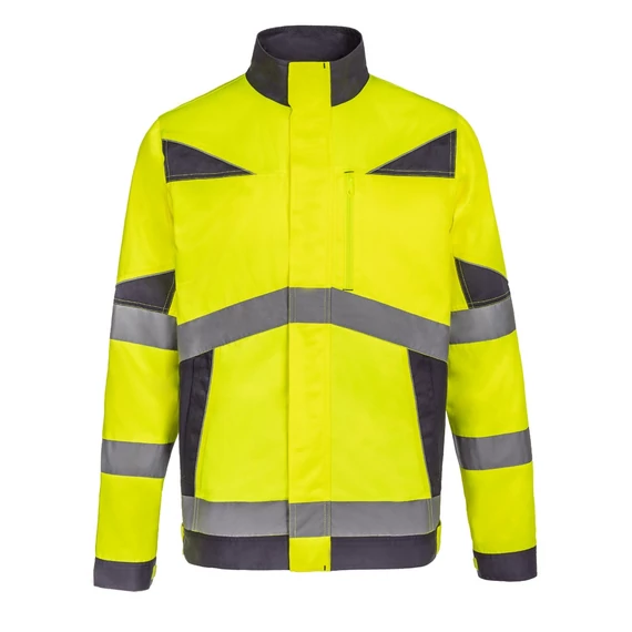 Munkakabát jólláthatósági, 65% poliészter, 35% pamut, fényvisszaverő csíkok, állítható mandzsetta, fluosárga, 2XL